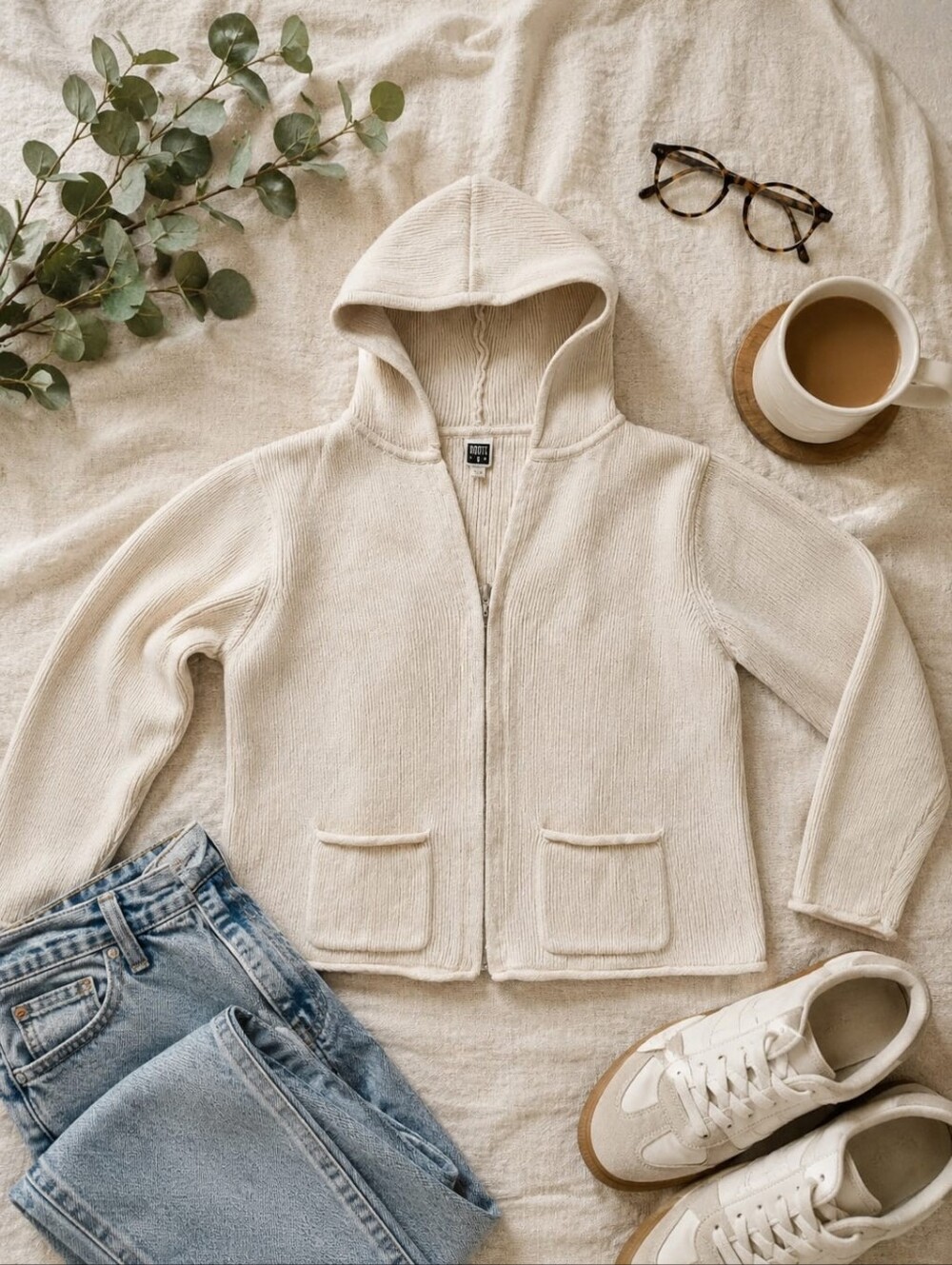Vintage Smart Set Cotton Zippered Hoodie Cozy Summer Neutral Layer Size L